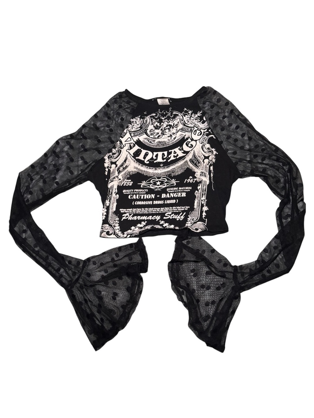 Fashion Nova Black Vintage Graphic Crop Top with Sheer Polka Dot Sleeves